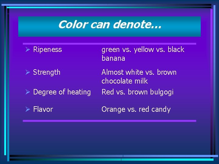 Color can denote… Ø Ripeness green vs. yellow vs. black banana Ø Strength Almost