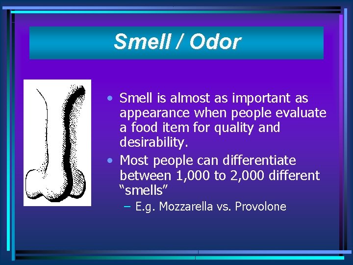 Smell / Odor • Smell is almost as important as appearance when people evaluate
