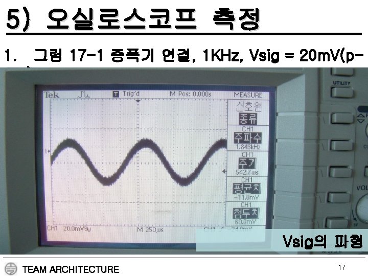 5) 오실로스코프 측정 1. 그림 17 -1 증폭기 연결, 1 KHz, Vsig = 20