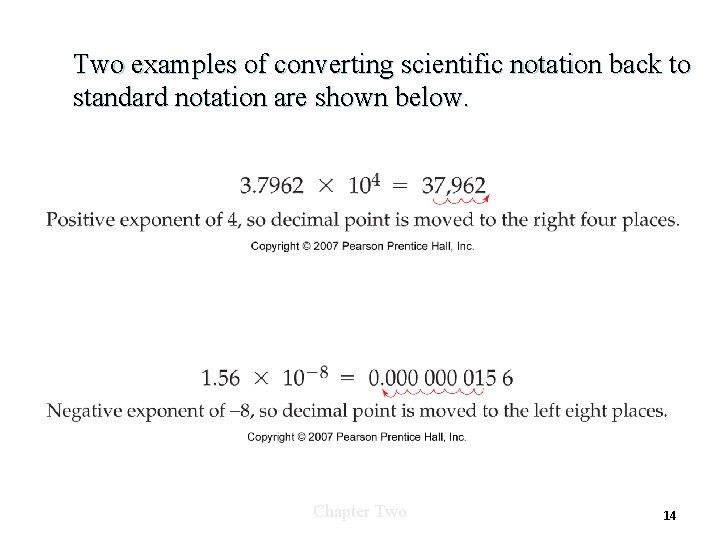 Two examples of converting scientific notation back to standard notation are shown below. Chapter