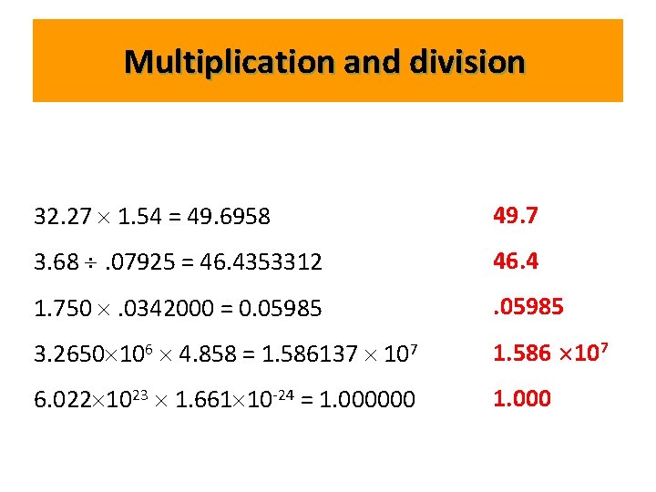 Multiplication and division 32. 27 1. 54 = 49. 6958 49. 7 3. 68