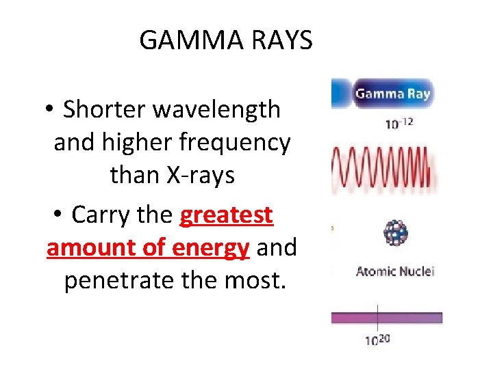 GAMMA RAYS • Shorter wavelength and higher frequency than X-rays • Carry the greatest