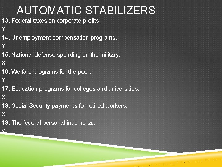 AUTOMATIC STABILIZERS 13. Federal taxes on corporate profits. Y 14. Unemployment compensation programs. Y