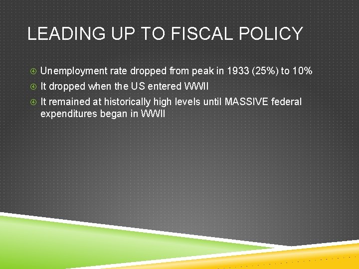 LEADING UP TO FISCAL POLICY Unemployment rate dropped from peak in 1933 (25%) to