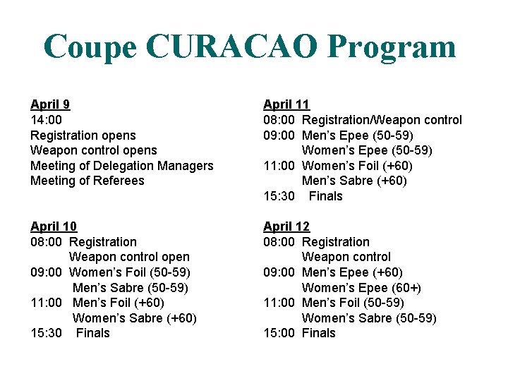 Coupe CURACAO Program April 9 14: 00 Registration opens Weapon control opens Meeting of Coupe CURACAO Program April 9 14: 00 Registration opens Weapon control opens Meeting of