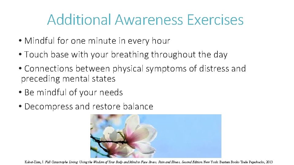 Additional Awareness Exercises • Mindful for one minute in every hour • Touch base