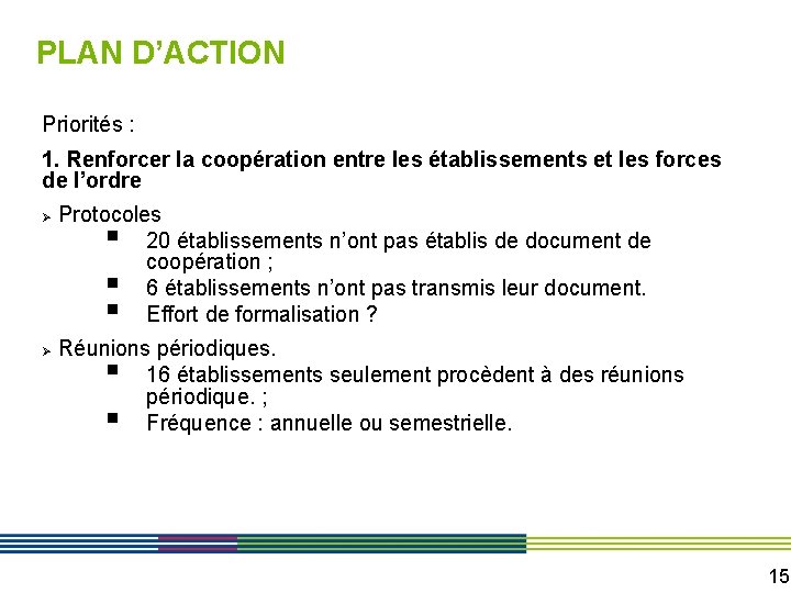 PLAN D’ACTION Priorités : 1. Renforcer la coopération entre les établissements et les forces