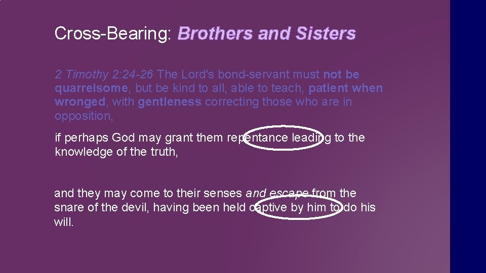 Cross-Bearing: Brothers and Sisters 2 Timothy 2: 24 -26 The Lord's bond-servant must not