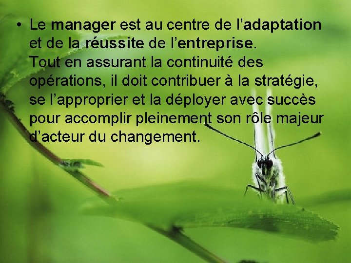  • Le manager est au centre de l’adaptation et de la réussite de