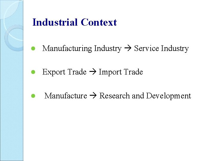 Industrial Context l Manufacturing Industry Service Industry l Export Trade Import Trade l Manufacture