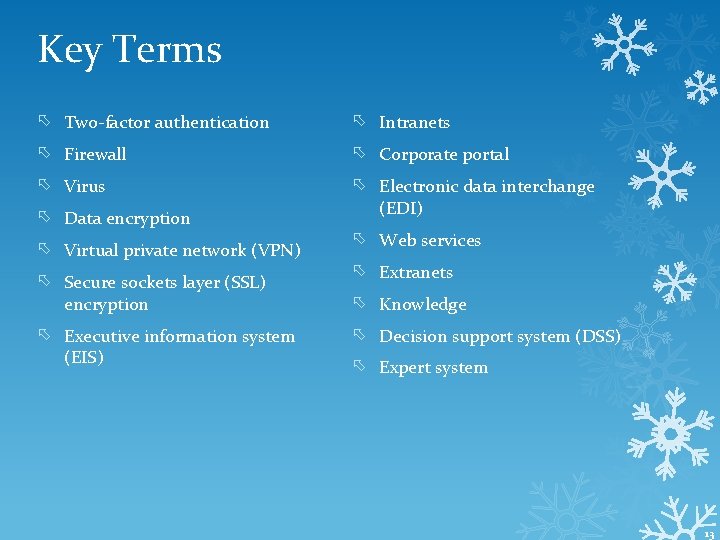 Key Terms Two-factor authentication Intranets Firewall Corporate portal Virus Electronic data interchange (EDI) Data