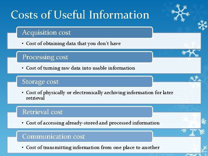 Costs of Useful Information Acquisition cost • Cost of obtaining data that you don’t