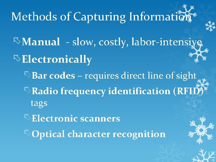 Methods of Capturing Information Manual - slow, costly, labor-intensive Electronically Bar codes – requires