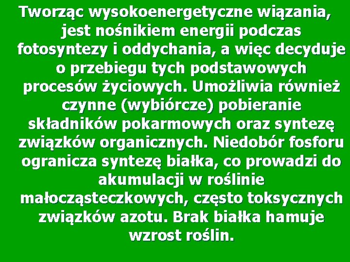 Tworząc wysokoenergetyczne wiązania, jest nośnikiem energii podczas fotosyntezy i oddychania, a więc decyduje o