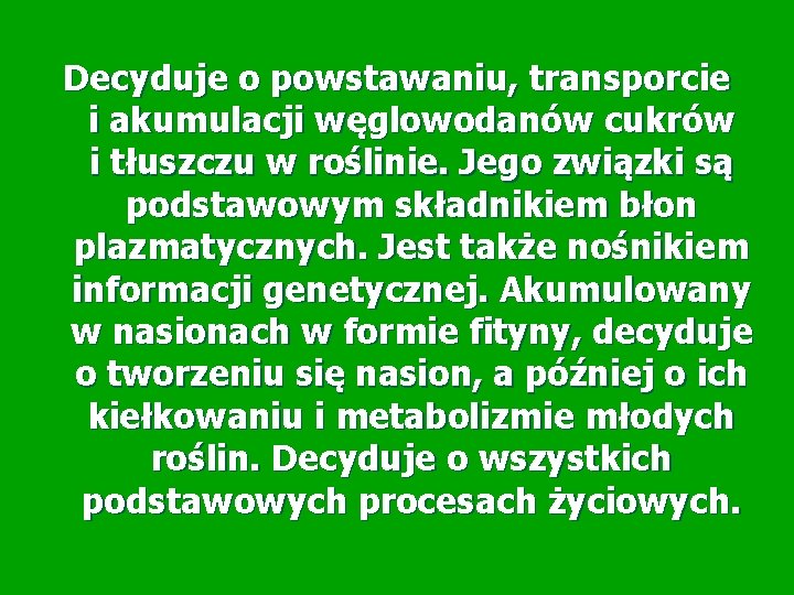 Decyduje o powstawaniu, transporcie i akumulacji węglowodanów cukrów i tłuszczu w roślinie. Jego związki