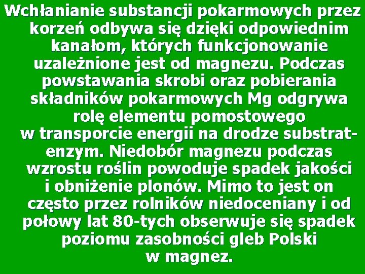 Wchłanianie substancji pokarmowych przez korzeń odbywa się dzięki odpowiednim kanałom, których funkcjonowanie uzależnione jest Wchłanianie substancji pokarmowych przez korzeń odbywa się dzięki odpowiednim kanałom, których funkcjonowanie uzależnione jest