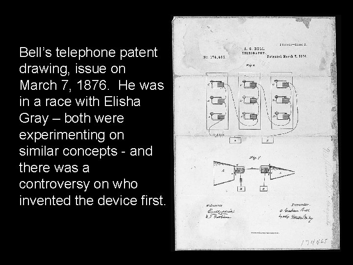 Bell’s telephone patent drawing, issue on March 7, 1876. He was in a race
