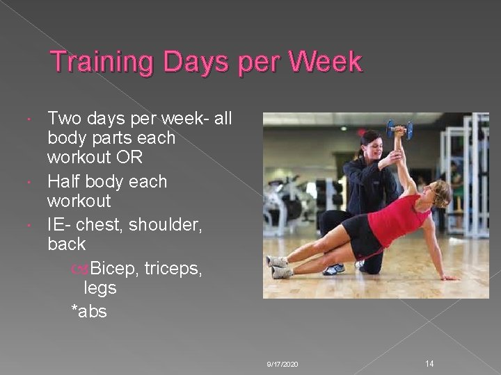 Training Days per Week Two days per week- all body parts each workout OR Training Days per Week Two days per week- all body parts each workout OR