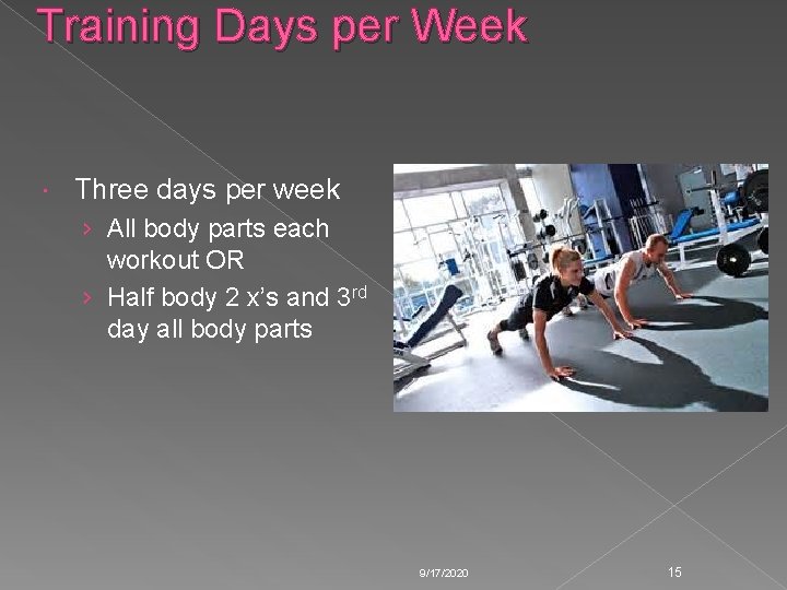 Training Days per Week Three days per week › All body parts each workout Training Days per Week Three days per week › All body parts each workout