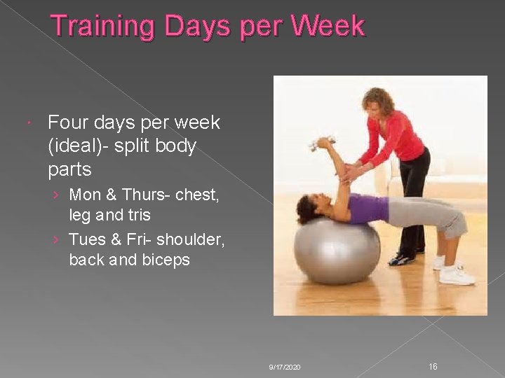 Training Days per Week Four days per week (ideal)- split body parts › Mon Training Days per Week Four days per week (ideal)- split body parts › Mon