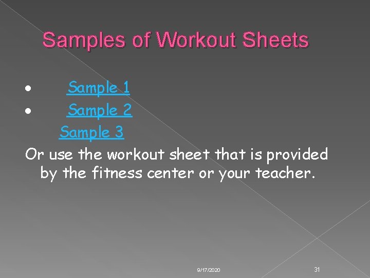 Samples of Workout Sheets · Sample 1 · Sample 2 Sample 3 Or use Samples of Workout Sheets · Sample 1 · Sample 2 Sample 3 Or use