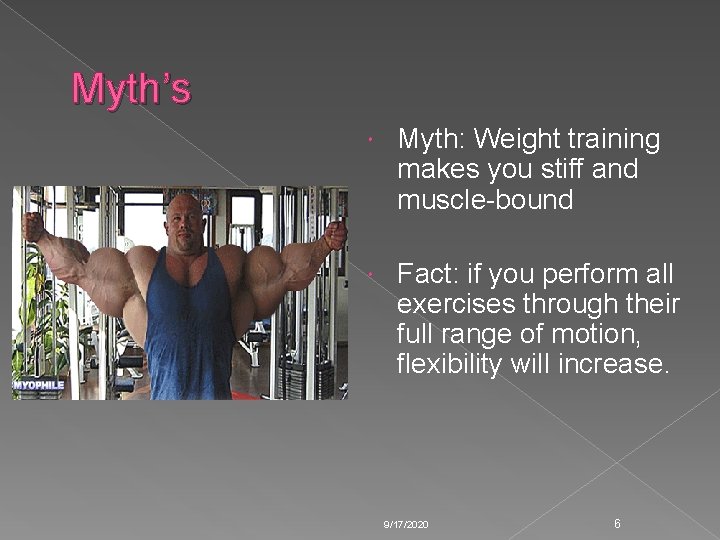 Myth’s Myth: Weight training makes you stiff and muscle-bound Fact: if you perform all Myth’s Myth: Weight training makes you stiff and muscle-bound Fact: if you perform all