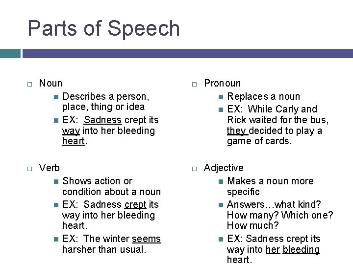 Parts of Speech Noun Describes a person, place, thing or idea EX: Sadness crept