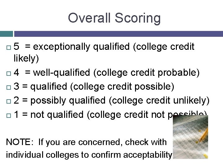 Overall Scoring 5 = exceptionally qualified (college credit likely) 4 = well-qualified (college credit