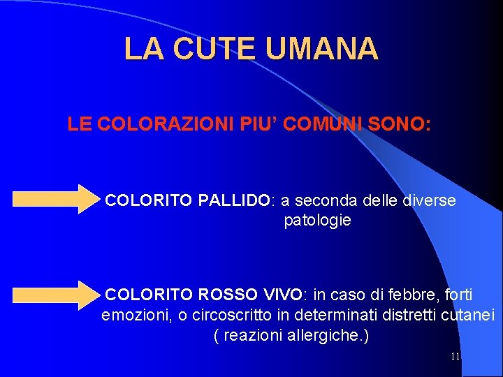 LA CUTE UMANA LE COLORAZIONI PIU’ COMUNI SONO: COLORITO PALLIDO: a seconda delle diverse