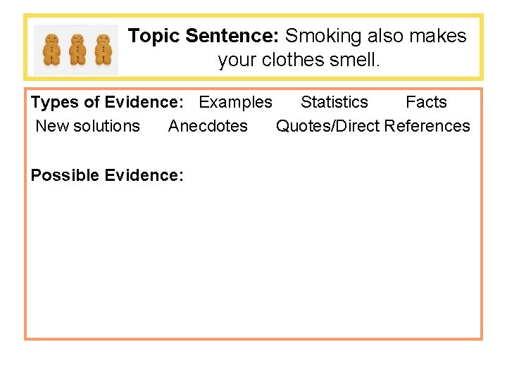 Topic Sentence: Smoking also makes your clothes smell. Types of Evidence: Examples Statistics Facts