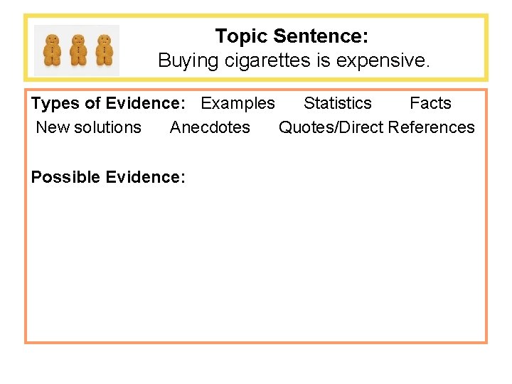 Topic Sentence: Buying cigarettes is expensive. Types of Evidence: Examples Statistics Facts New solutions
