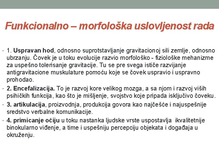 Funkcionalno – morfološka uslovljenost rada • 1. Uspravan hod, odnosno suprotstavljanje gravitacionoj sili zemlje,