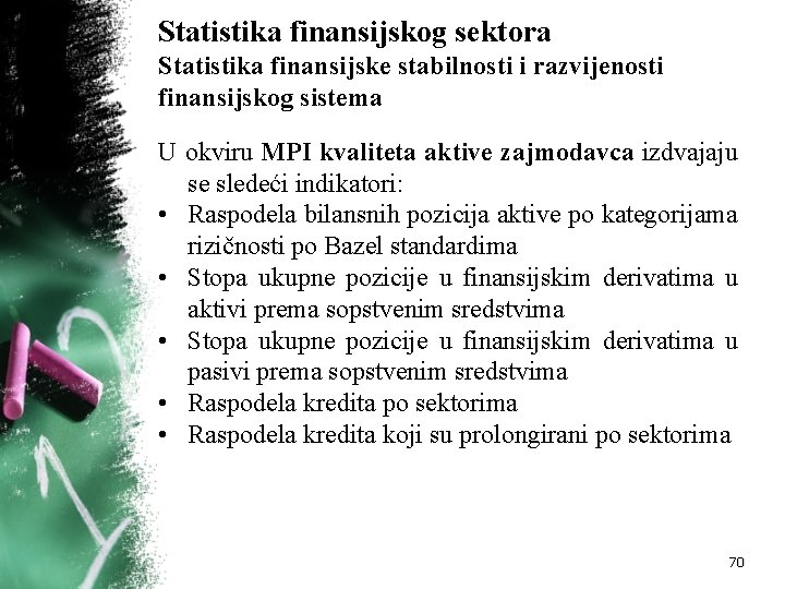 Statistika finansijskog sektora Statistika finansijske stabilnosti i razvijenosti finansijskog sistema U okviru MPI kvaliteta