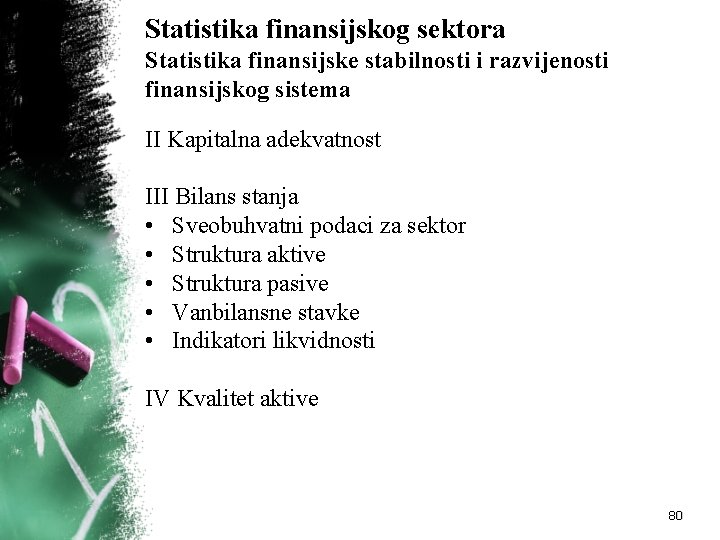 Statistika finansijskog sektora Statistika finansijske stabilnosti i razvijenosti finansijskog sistema II Kapitalna adekvatnost III
