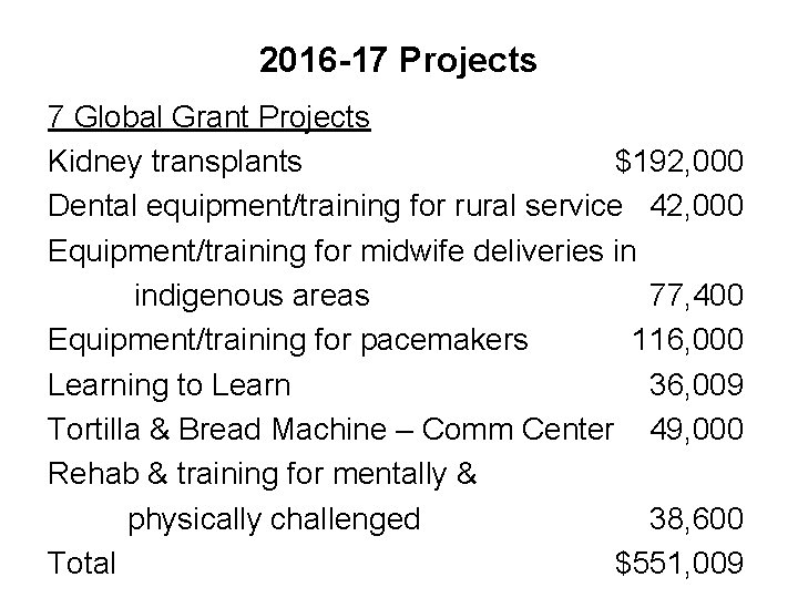 2016 -17 Projects 7 Global Grant Projects Kidney transplants $192, 000 Dental equipment/training for