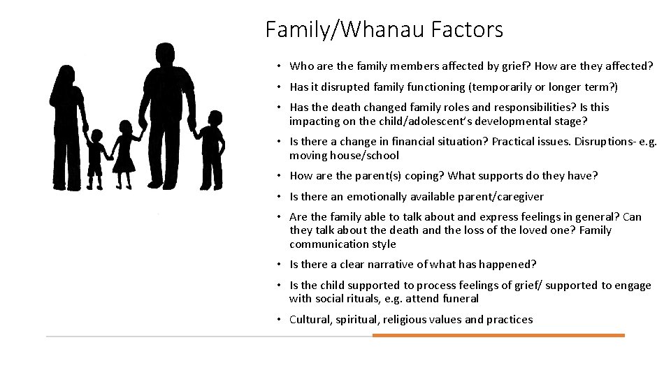 Family/Whanau Factors • Who are the family members affected by grief? How are they