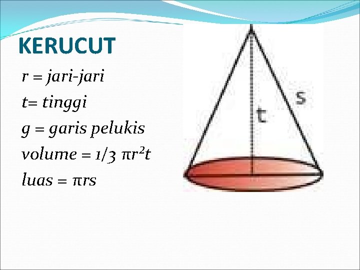 KERUCUT r = jari-jari t= tinggi g = garis pelukis volume = 1/3 πr²t