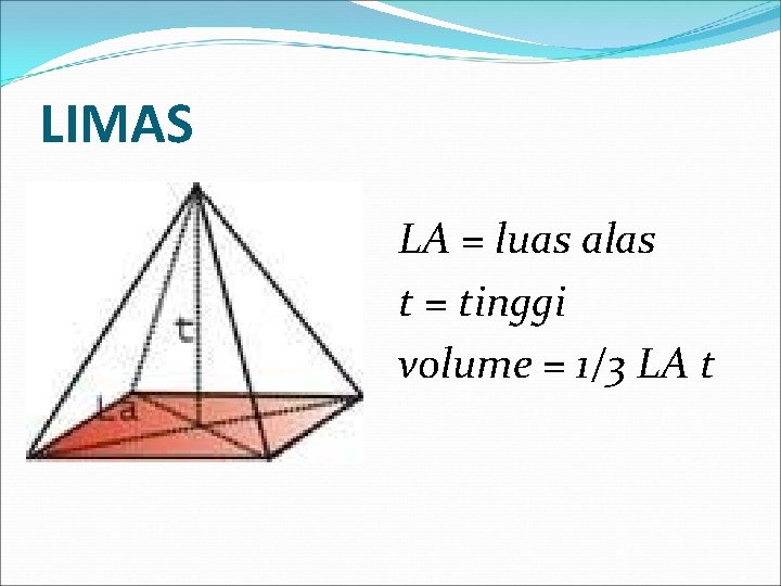 LIMAS LA = luas alas t = tinggi volume = 1/3 LA t 