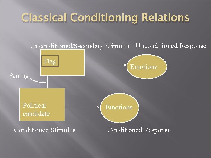 Classical Conditioning Relations Unconditioned/Secondary Stimulus Unconditioned Response Flag Emotions Pairing Political candidate Conditioned Stimulus