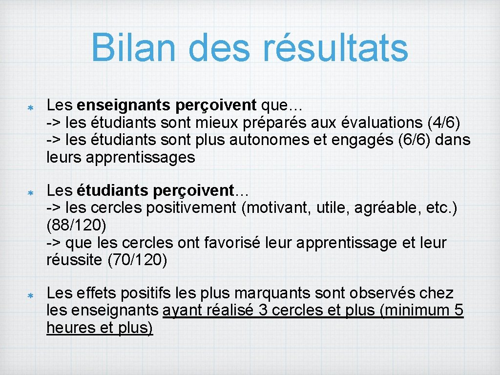 Bilan des résultats Les enseignants perçoivent que… -> les étudiants sont mieux préparés aux