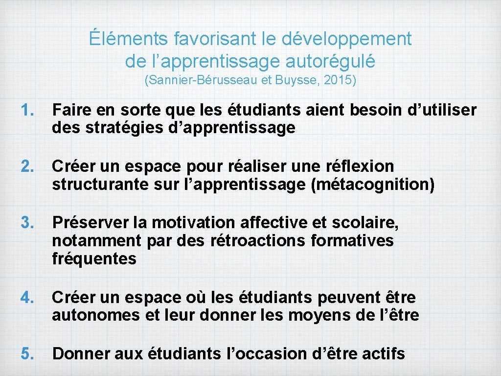 Éléments favorisant le développement de l’apprentissage autorégulé (Sannier-Bérusseau et Buysse, 2015) 1. Faire en