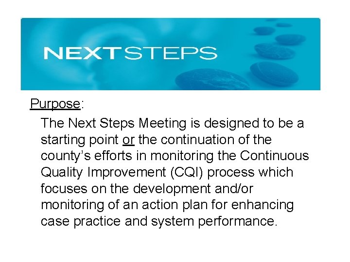 Purpose: The Next Steps Meeting is designed to be a starting point or the