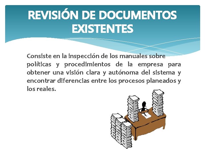 REVISIÓN DE DOCUMENTOS EXISTENTES Consiste en la inspección de los manuales sobre políticas y