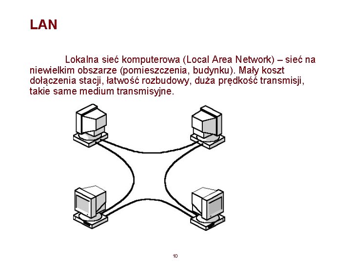 LAN Lokalna sieć komputerowa (Local Area Network) – sieć na niewielkim obszarze (pomieszczenia, budynku).