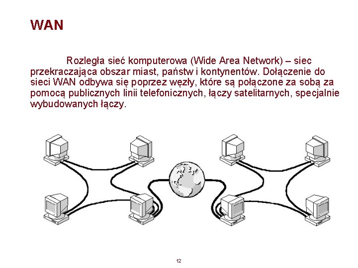 WAN Rozległa sieć komputerowa (Wide Area Network) – siec przekraczająca obszar miast, państw i