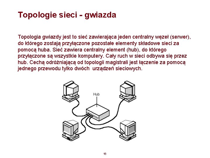 Topologie sieci - gwiazda Topologia gwiazdy jest to sieć zawierająca jeden centralny węzeł (serwer),