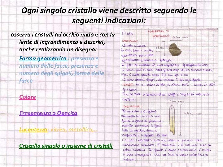 Ogni singolo cristallo viene descritto seguendo le seguenti indicazioni: osserva i cristalli ad occhio