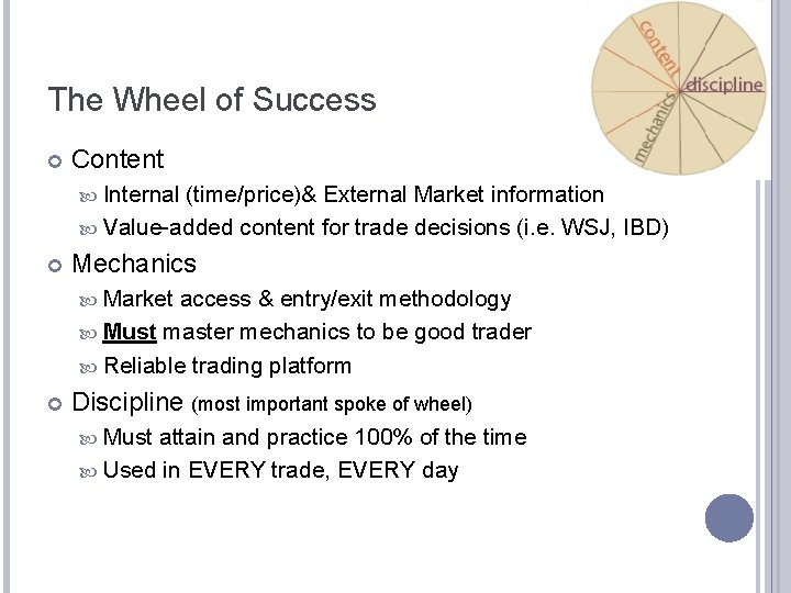 The Wheel of Success Content Internal (time/price)& External Market information Value-added content for trade The Wheel of Success Content Internal (time/price)& External Market information Value-added content for trade