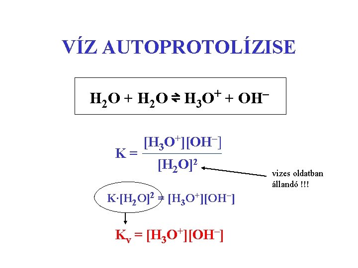 VÍZ AUTOPROTOLÍZISE H 2 O + H 2 O ⇌ H 3 O+ +