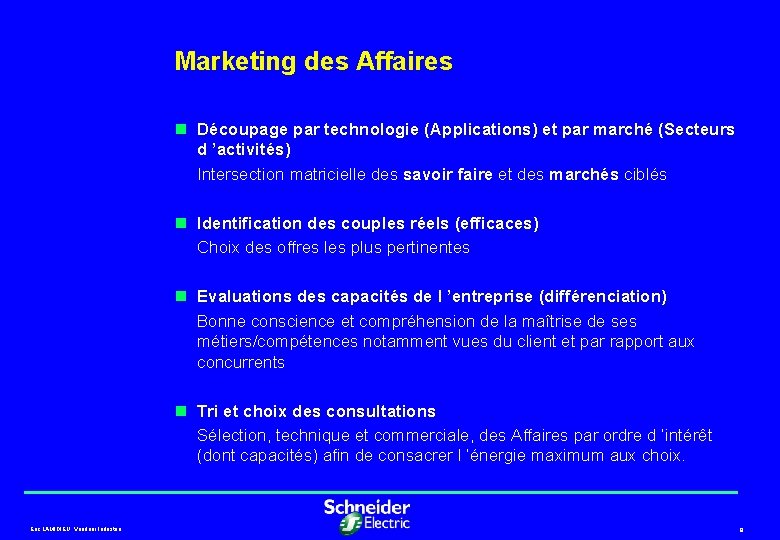 Marketing des Affaires n Découpage par technologie (Applications) et par marché (Secteurs d ’activités)